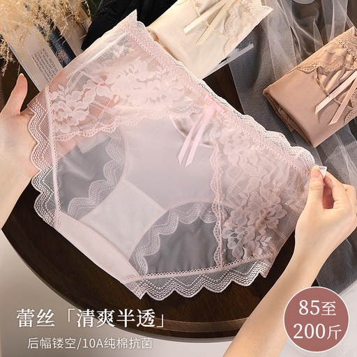 Large size French pure lace underwear for women 200 catties hollow mesh sexy transparent cotton 10A antibacterial briefs